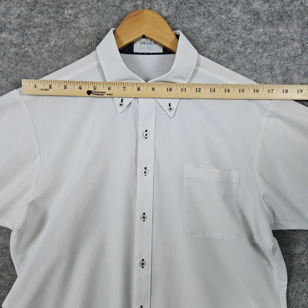Orihica Men's White Button Down Shirt Size L‎ Slim Fit Textured Short Sleeves